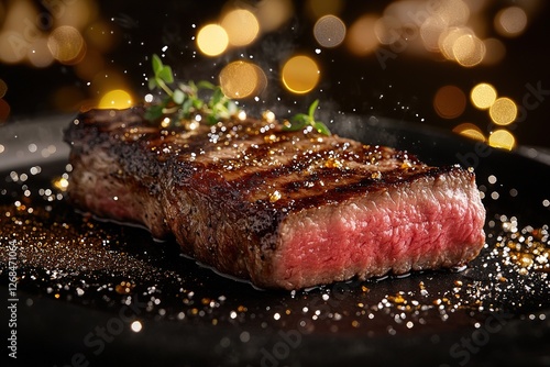 A perfectly grilled steak rests on a sizzling plate