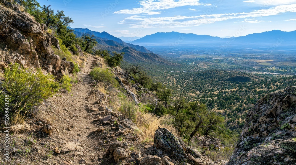 A scenic nature trail along a mountain ridge, offering breathtaking views of the valley below and the horizon beyond A scenic nature trail along a mountain ridge, offering breathtaking views of the valley below and the horizon beyond