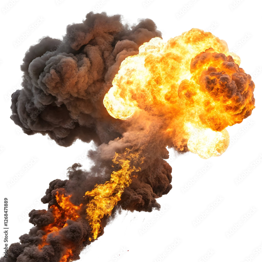 Obraz premium Explosive blast generates a massive fireball with dense smoke clouds during an industrial accident