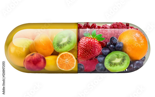 Vitamin supplement capsule containing a mix of fresh fruits, isolated on a white background