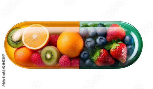 Vitamin supplement capsule containing a mix of fresh fruits, isolated on a white background