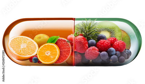 Vitamin supplement capsule containing a mix of fresh fruits, isolated on a white background