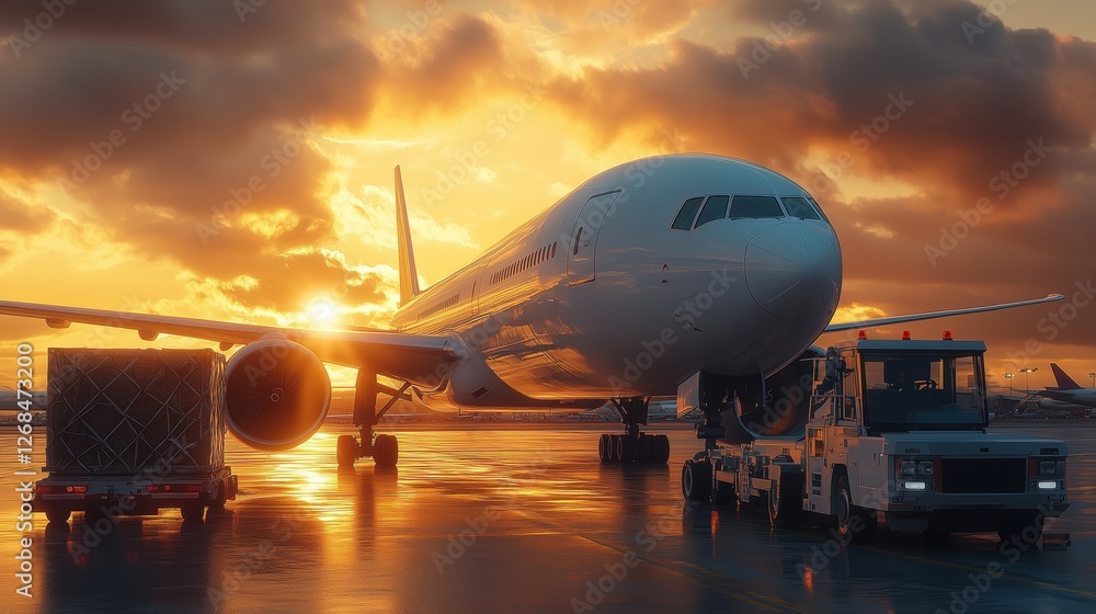 Airplane on Tarmac at Sunset with Loading Equipment and Cargo, Stunning Golden Sky Reflection in Rainy Pavement, Aviation Scene Airplane on Tarmac at Sunset with Loading Equipment and Cargo, Stunning Golden Sky Reflection in Rainy Pavement, Aviation Scene