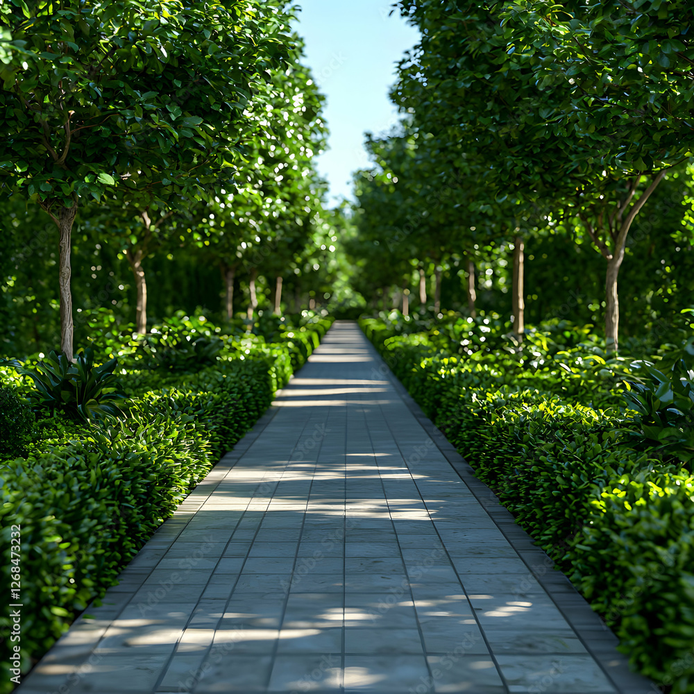 Sunlit Pathway Through Lush Green Garden Sunlit Pathway Through Lush Green Garden