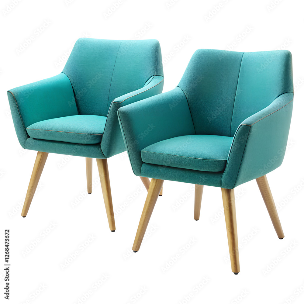 Modern turquoise armchairs with wooden legs, each featuring a unique design, showcasing contemporary furniture styles, isolated on a transparent background. Modern turquoise armchairs with wooden legs, each featuring a unique design, showcasing contemporary furniture styles, isolated on a transparent background.