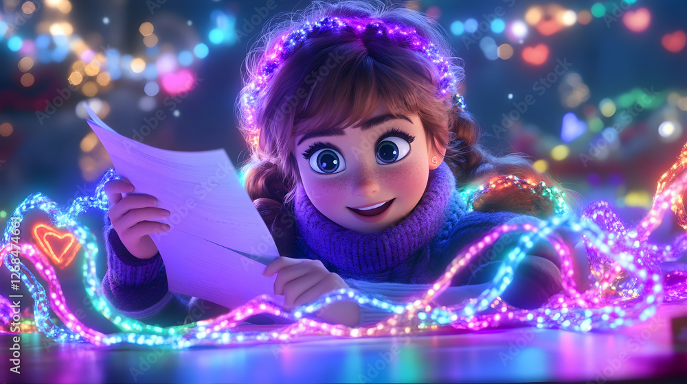 Animated girl reading letter, festive lights background. Possible stock photo use Use for holiday, children's book, or animated movie marketing Animated girl reading letter, festive lights background. Possible stock photo use Use for holiday, children's book, or animated movie marketing
