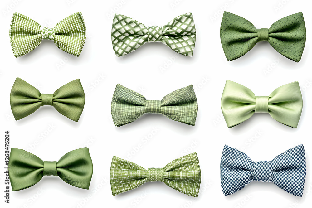 Assorted Green Bow Ties on White Background Assorted Green Bow Ties on White Background