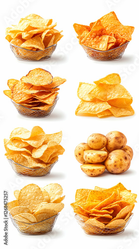 Assorted potato chips and raw potatoes in bowls photo