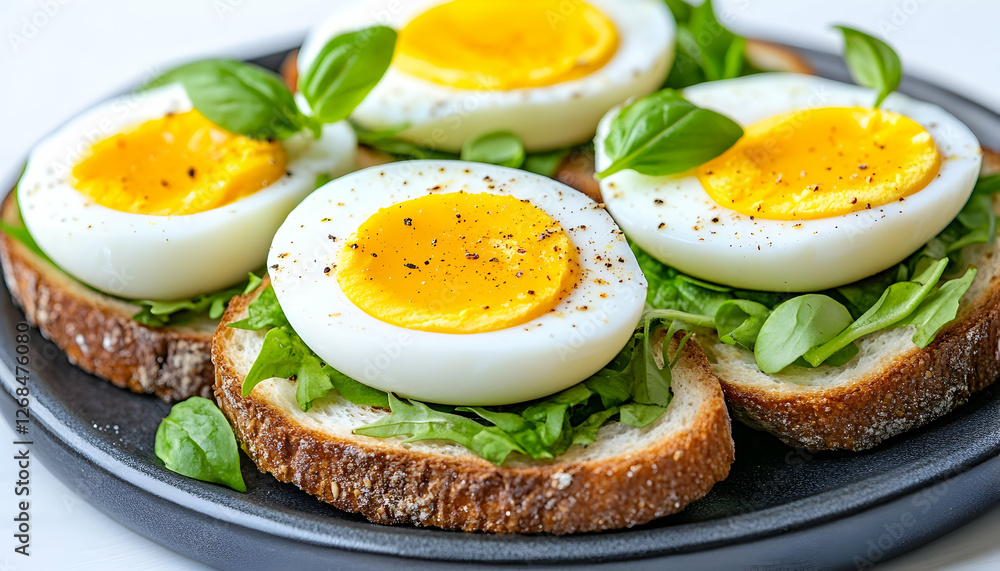 Breakfast Sandwiches with Eggs and Greens on Plate Breakfast Sandwiches with Eggs and Greens on Plate