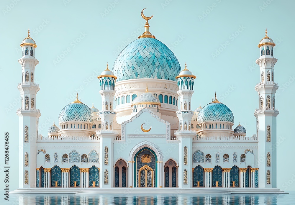 Obraz premium Islamic decoration background for Ramadan with lantern and mosque 3D rendering. 3D Illustration