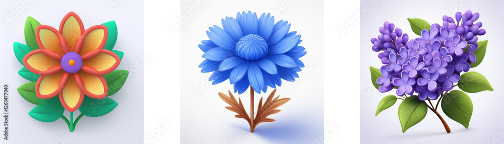 Fototapeta premium Three stylized floral illustrations in vibrant colors. Orange daisy-like flower, blue round bloom, and purple lilac cluster, each with green leaves.