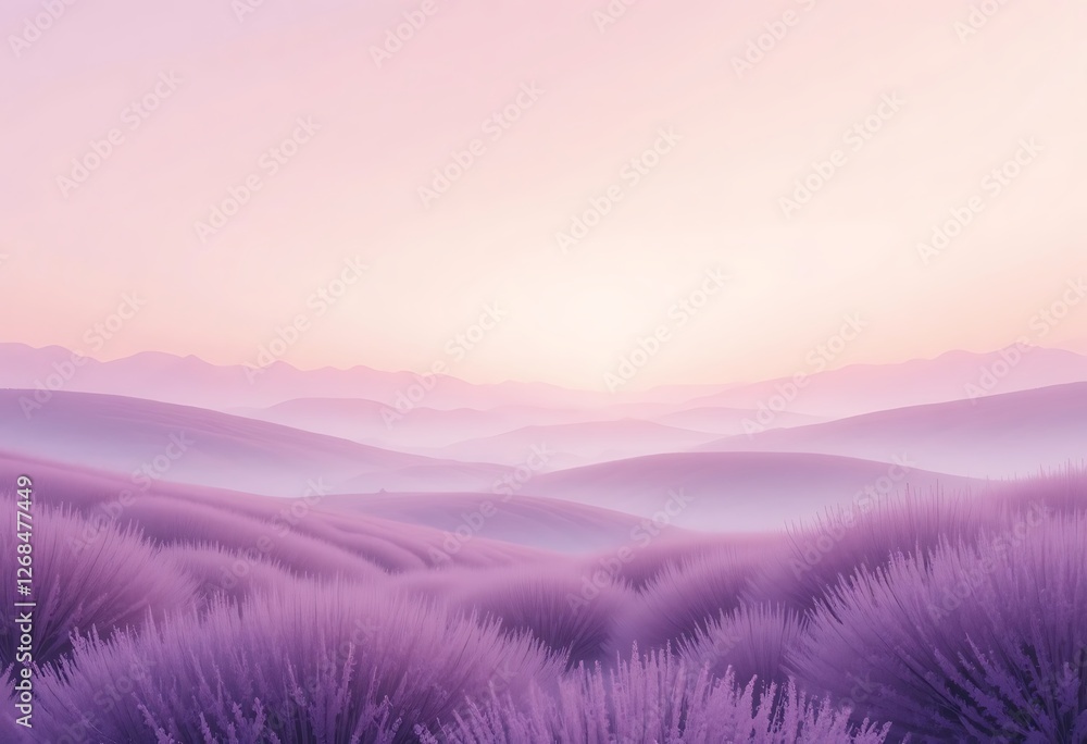 Fototapeta premium Dreamy Landscape, Purple Fields and Misty Mountains at Gentle Sunrise