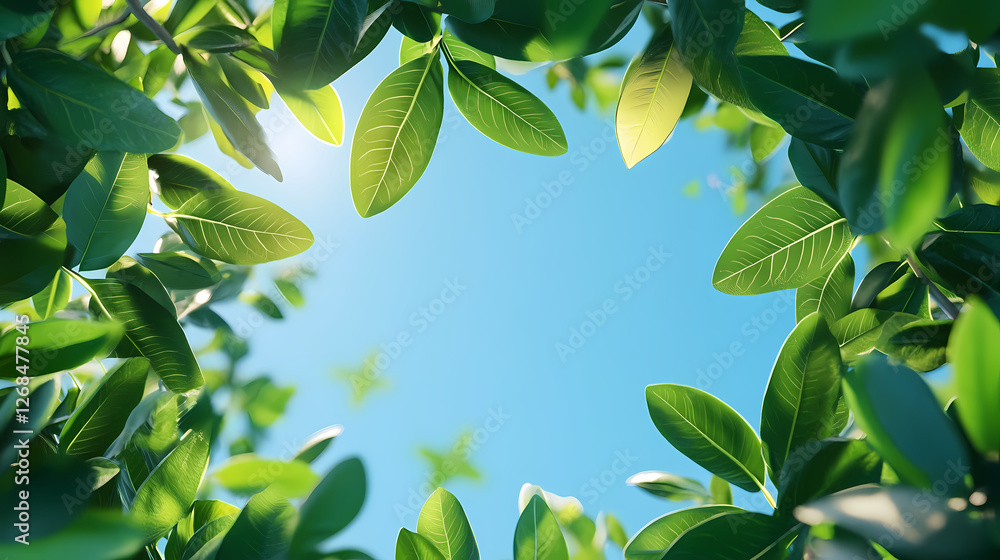 Obraz premium Vibrant Green Leaves Frame a Serene Sky