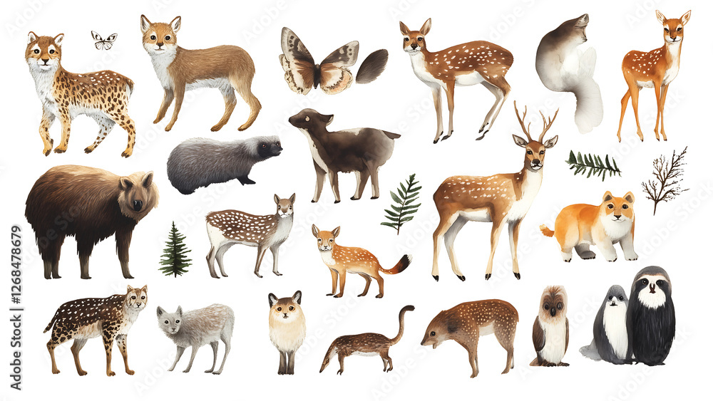 Fototapeta premium Watercolor illustration featuring a collection of various animals, including a deer, a fox, a penguin, and a badger