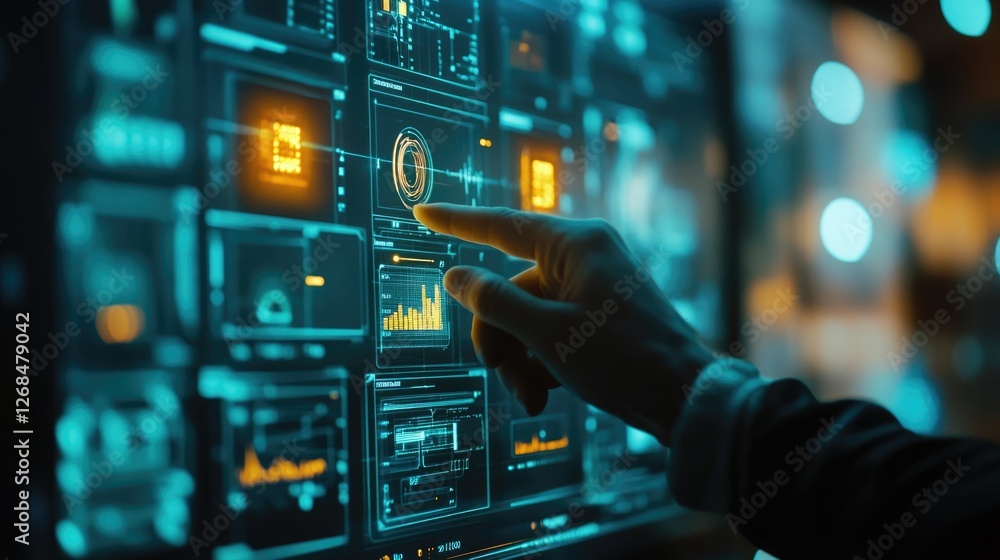 Fototapeta premium pointing hand of engineer operator controller working with data base from Scada system computer screen. 