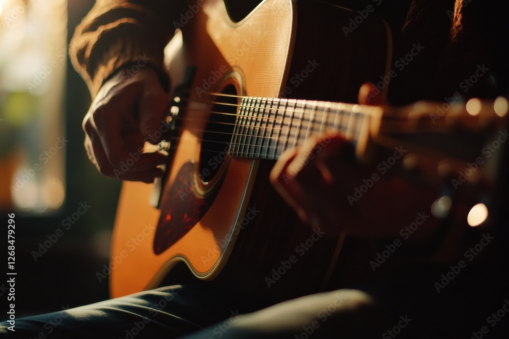 Fototapeta premium Guitar player strums acoustic instrument in warm light during intimate performance at local venue. Generative AI
