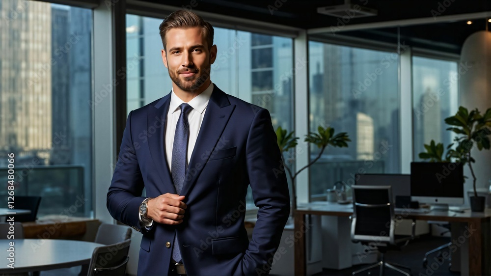 Fototapeta premium Confident Business Executive in a Modern Corporate Office – Leadership, Success, and Professionalism