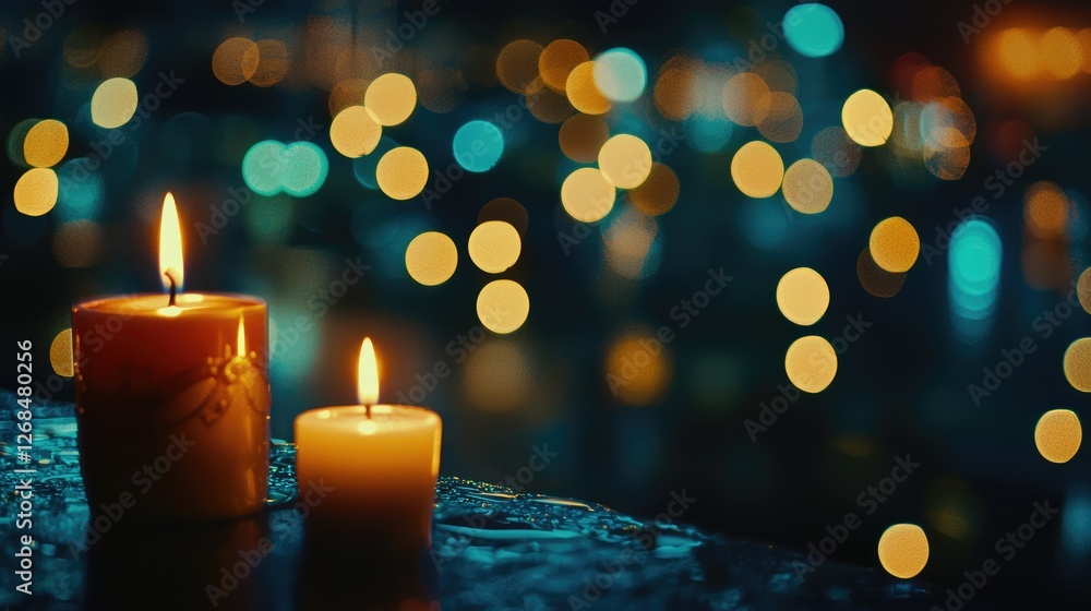 Two lit candles sit against a bokeh lit backdrop Two lit candles sit against a bokeh lit backdrop