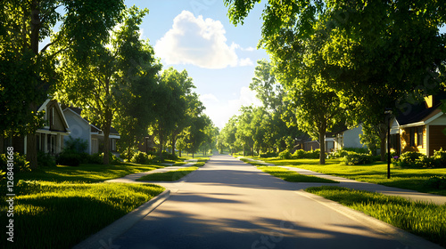 Sunlit Suburban Street with Lush Greenery