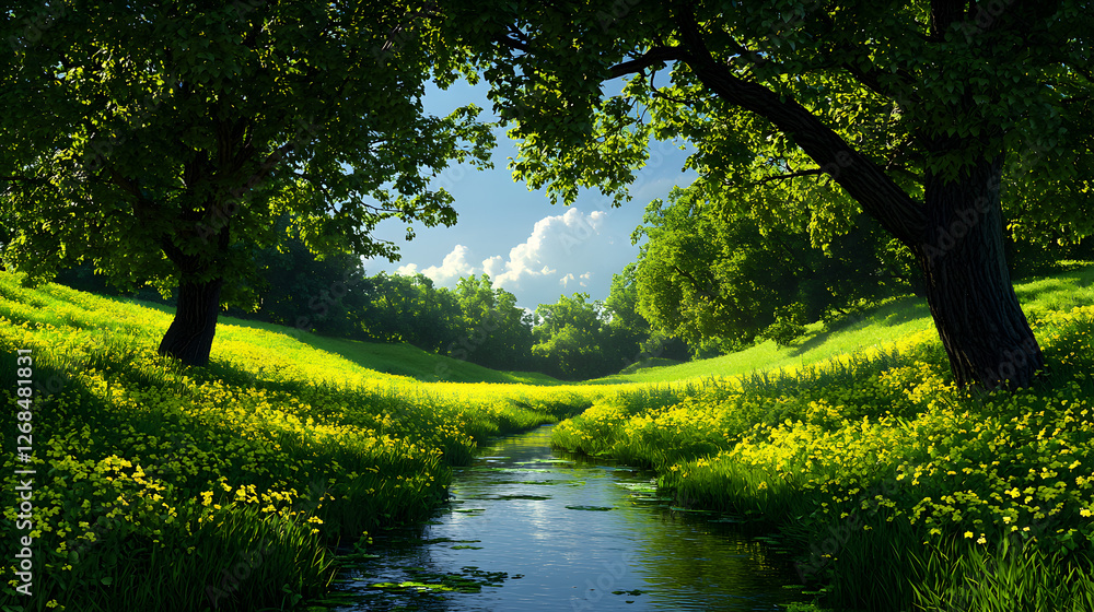 Sunlit Summer Landscape with Yellow Flowers and Stream Sunlit Summer Landscape with Yellow Flowers and Stream