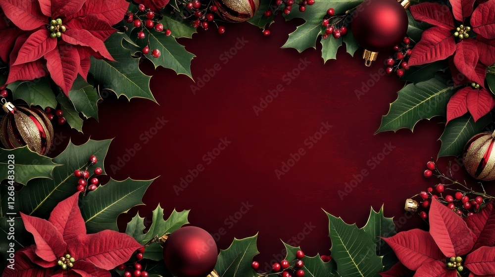 A dark red background with poinsettias, holly berries and leaves, and Christmas ornaments in the corners, creating an elegant composition for holiday themes. A dark red background with poinsettias, holly berries and leaves, and Christmas ornaments in the corners, creating an elegant composition for holiday themes.