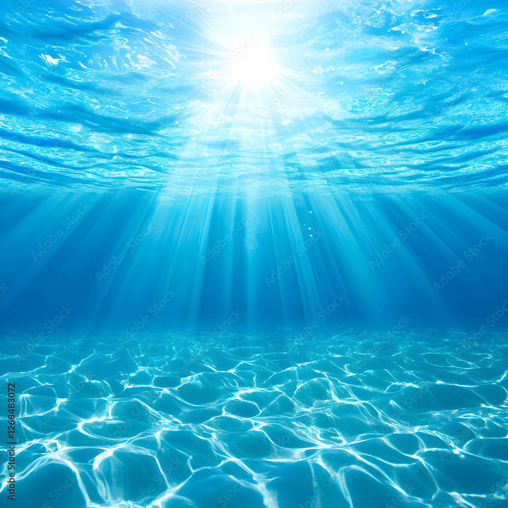 Sunlit Underwater Ocean Scene with Blue Water and Light Rays Sunlit Underwater Ocean Scene with Blue Water and Light Rays