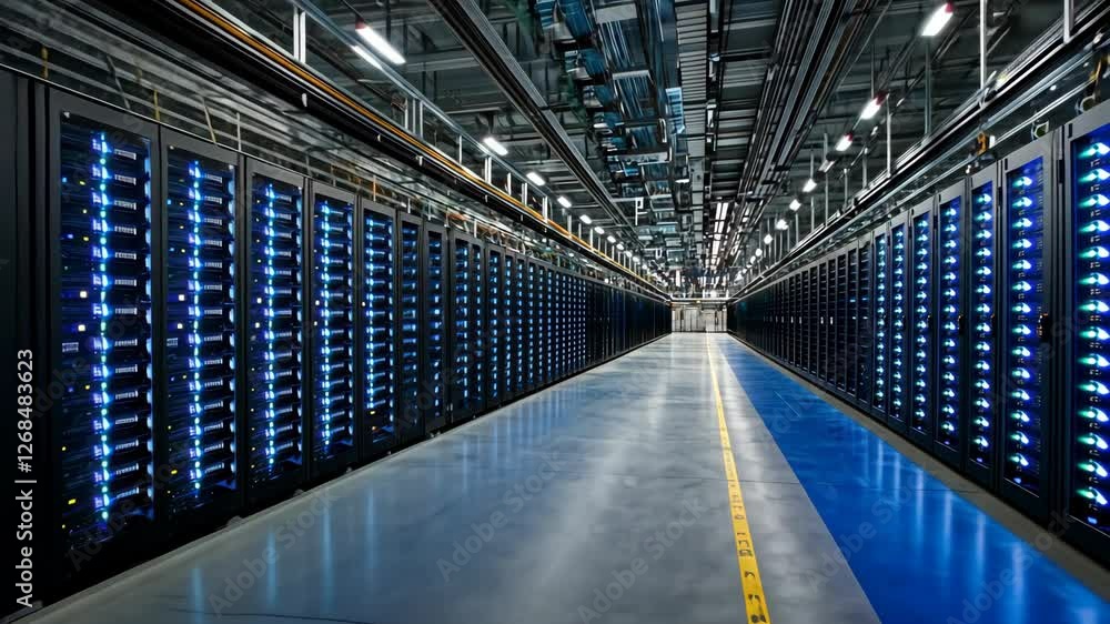 High-tech data center features rows of servers with glowing blue lights in a modern facility High-tech data center features rows of servers with glowing blue lights in a modern facility