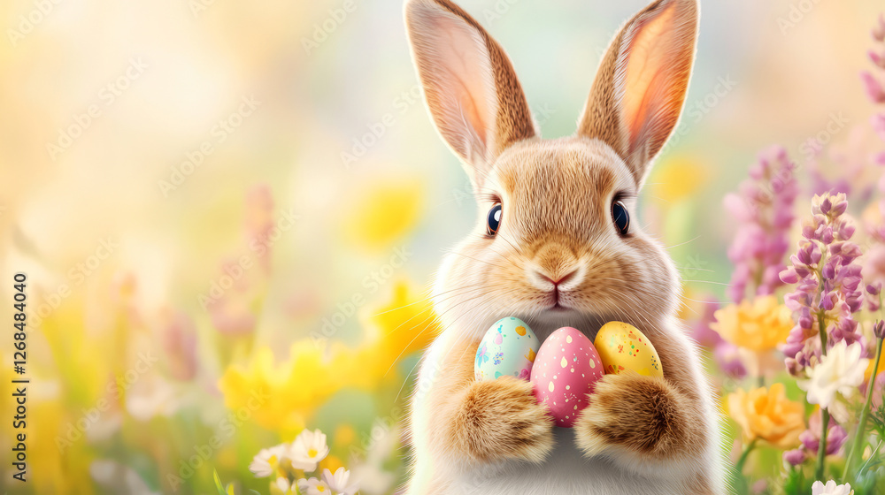 Fototapeta premium Cute Rabbit Holding Colorful Easter Eggs Surrounded by Beautiful Spring Flowers and Bright Background