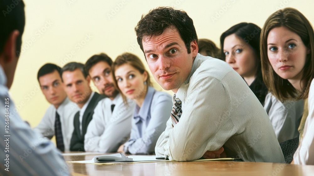 A shy leader nervously presenting ideas to a team, with a slight smile on their face. A shy leader nervously presenting ideas to a team, with a slight smile on their face.