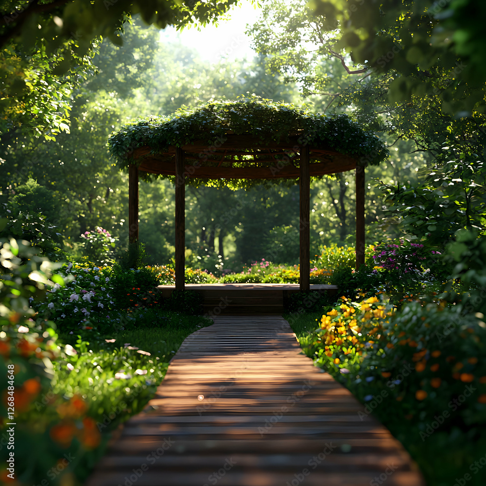 Sunlit Wooden Gazebo Path in Lush Green Garden Sunlit Wooden Gazebo Path in Lush Green Garden