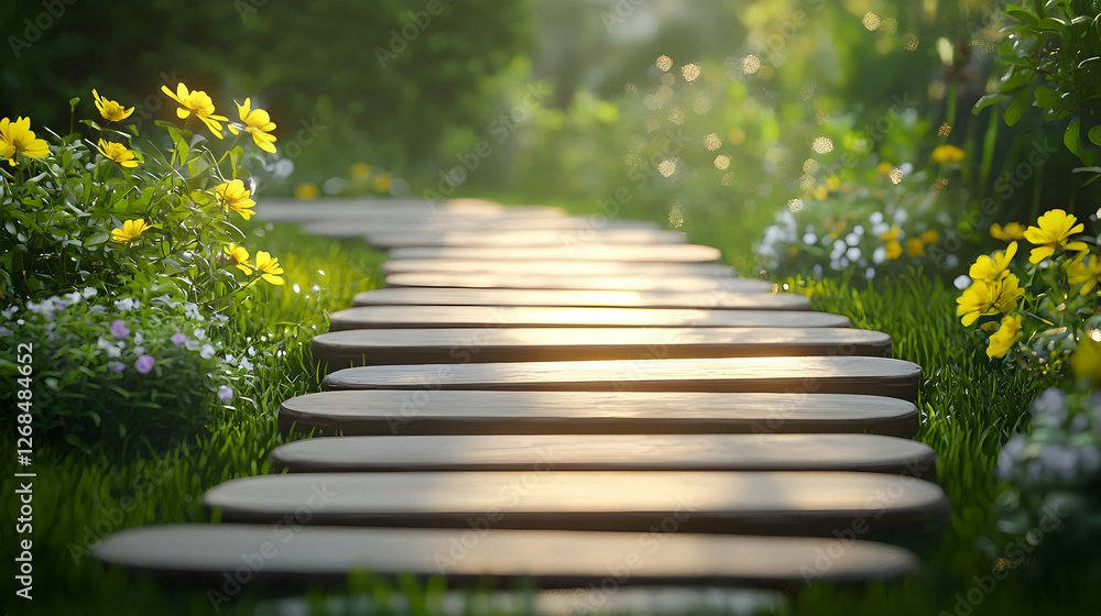 Sunlit Wooden Path Through a Flower Garden Sunlit Wooden Path Through a Flower Garden