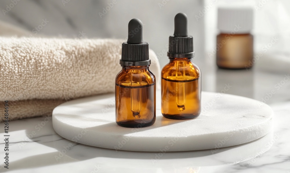 Close-up of amber glass dropper bottles with brown essential oil on a white marble plate, with a beige towel in the background, creating a modern aesthetic. Close-up of amber glass dropper bottles with brown essential oil on a white marble plate, with a beige towel in the background, creating a modern aesthetic.