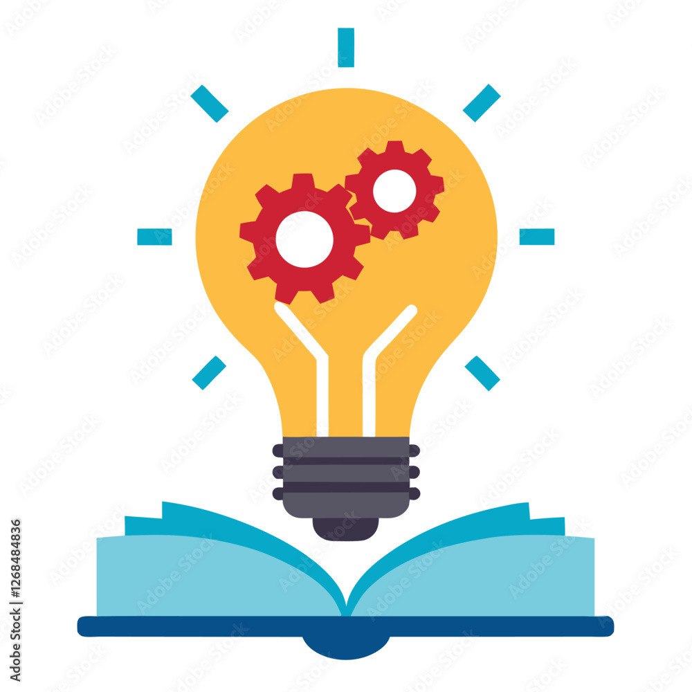 A vector showing a lightbulb with tiny gears inside, resting on an open book, symbolizing innovative education methods A vector showing a lightbulb with tiny gears inside, resting on an open book, symbolizing innovative education methods