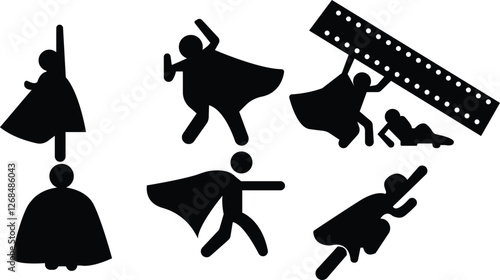 A character like super man showing his feasts and power in different ways, Super hero silhouette 