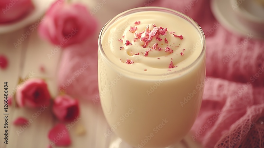 Creamy rose milkshake, garnished, on white wood, romantic setting, dessert menu Creamy rose milkshake, garnished, on white wood, romantic setting, dessert menu