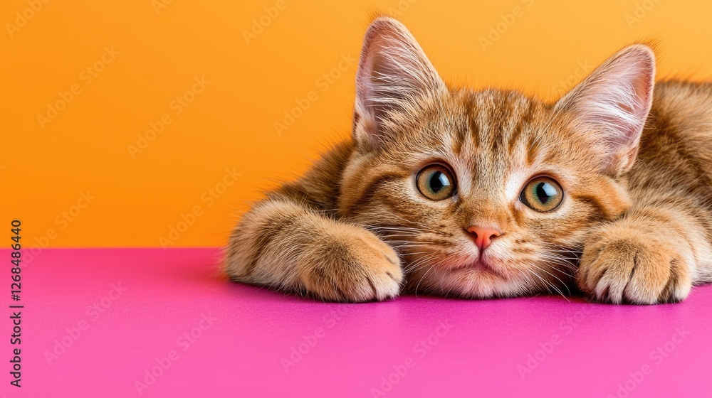 Cute ginger kitten on pink table, orange background. Pet portrait for websites or greeting cards Cute ginger kitten on pink table, orange background. Pet portrait for websites or greeting cards