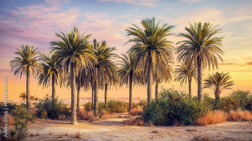 Serene Sunset Oasis Palm Trees at Golden Hour Serene Sunset Oasis Palm Trees at Golden Hour