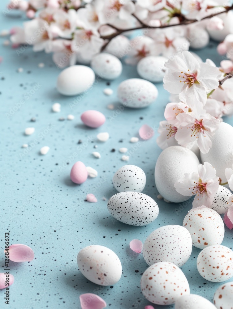 Easter background with white rocks, Easter eggs, and cherry blossoms. Soft pastel colors. Beautiful spa wellness banner template for design with copy space area. Easter background with white rocks, Easter eggs, and cherry blossoms. Soft pastel colors. Beautiful spa wellness banner template for design with copy space area.