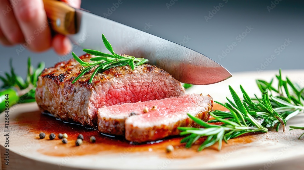 Slicing juicy steak, rosemary garnish, wooden board, dark background, food photography Slicing juicy steak, rosemary garnish, wooden board, dark background, food photography