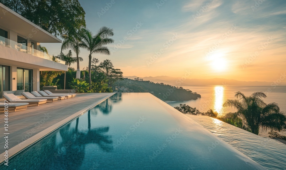 Fototapeta premium Luxury Villa Infinity Pool Sunset Ocean View