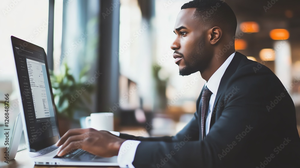 Businessman analyzing CRM software on computer screen in modern office Businessman analyzing CRM software on computer screen in modern office