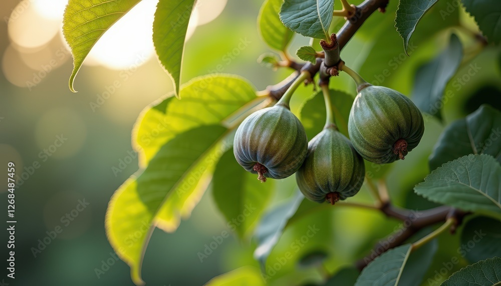 Three figs hanging from a branch with green leaves, bathed in soft sunlight. Figs are symbolic fruits for Rosh Hashanah, the Jewish New Year Three figs hanging from a branch with green leaves, bathed in soft sunlight. Figs are symbolic fruits for Rosh Hashanah, the Jewish New Year