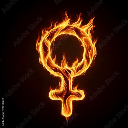 Woman symbol from orange flame isolated on black background