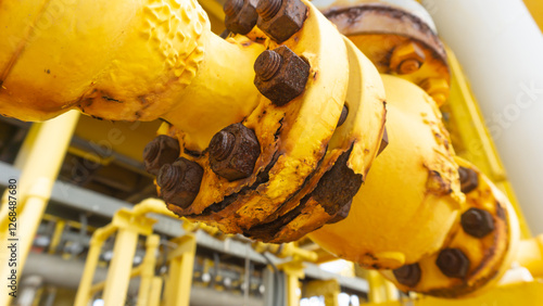 Close-up of corroded steel pipe, corrosion of steel, general corrosion, offshore petroleum pipelines.
