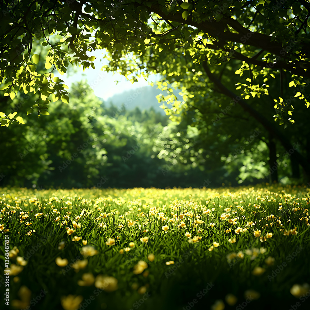 Obraz premium Sunny Day in a Lush Green Meadow with Yellow Flowers