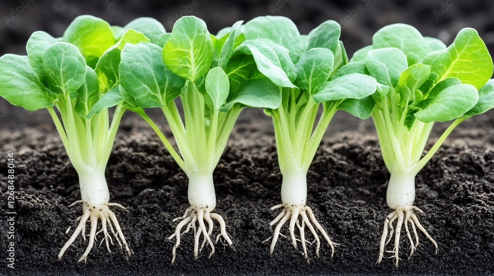 Obraz premium Vibrant green seedlings sprout strong roots in rich dark soil. AI Generated