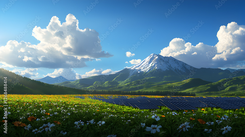 Fototapeta premium Sunny Day Landscape with Blooming Wildflower Meadow and Snowy Mountain