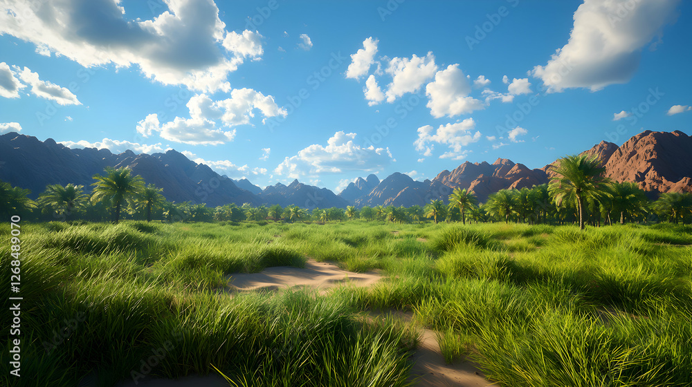 Sunny Desert Oasis Landscape with Palm Trees and Mountains Sunny Desert Oasis Landscape with Palm Trees and Mountains