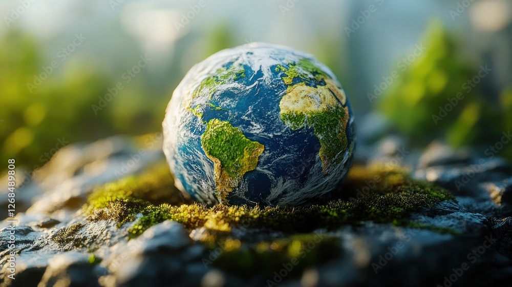 Earth Globe on Mossy Rocks Environmental Conservation Concept Nature Photography Earth Globe on Mossy Rocks Environmental Conservation Concept Nature Photography