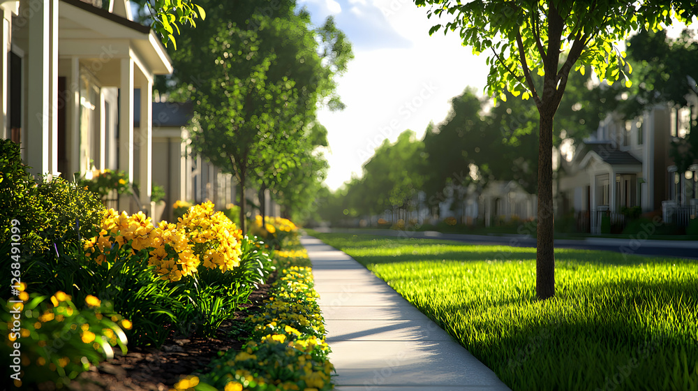 Sunny Suburban Street with Lush Green Lawns and Yellow Flowers